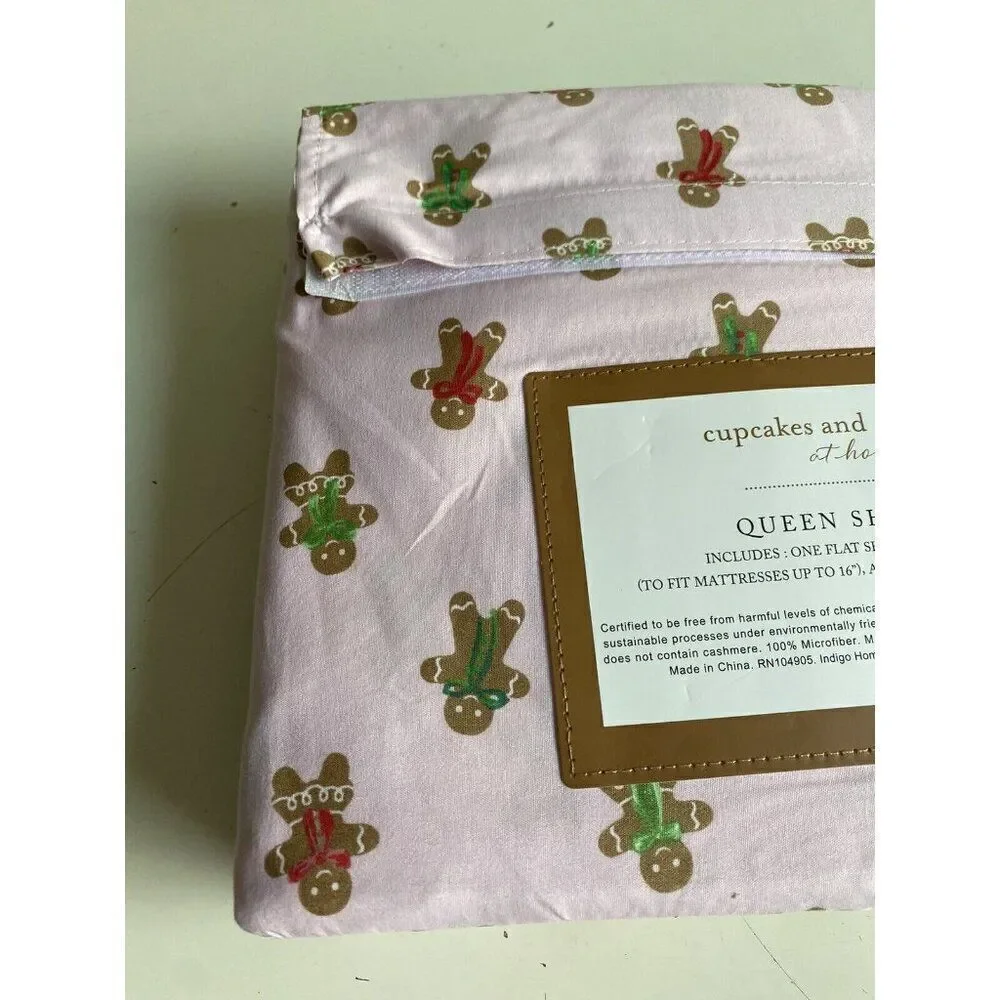 Cupcakes & Cashmere‎ QUEEN SIZE Pink Gingerbread Cookie Christmas Sheet Set NEW